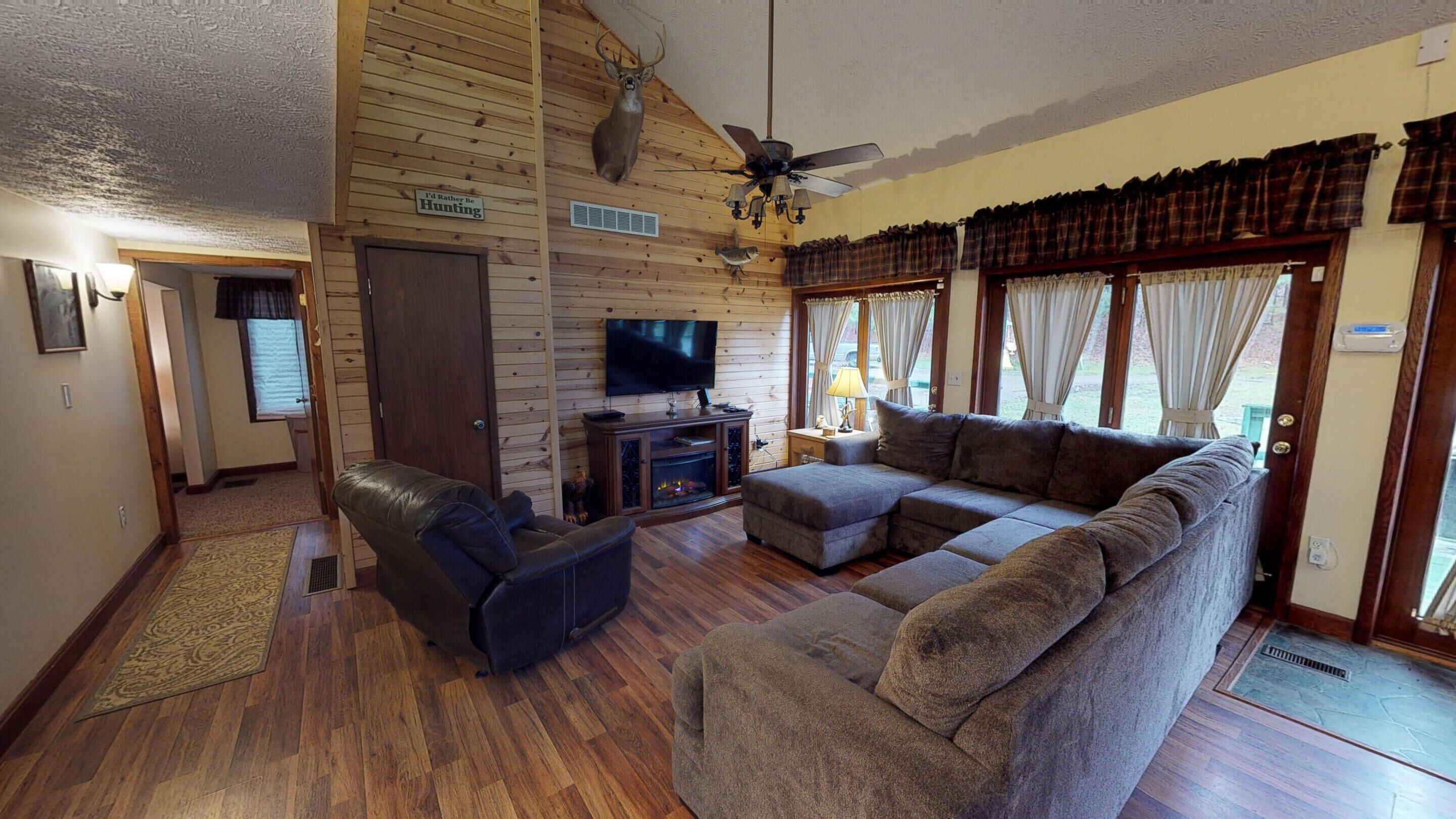 Smart TV, fireplace, DVD player, books