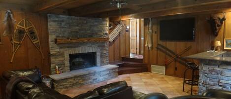TV, fireplace, books
