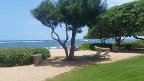 On the beach, sun loungers, beach towels