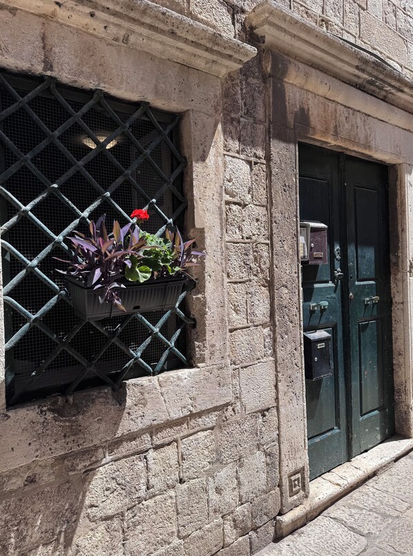 Un edificio con una ventana protegida por una reja metálica y una maceta con plantas.