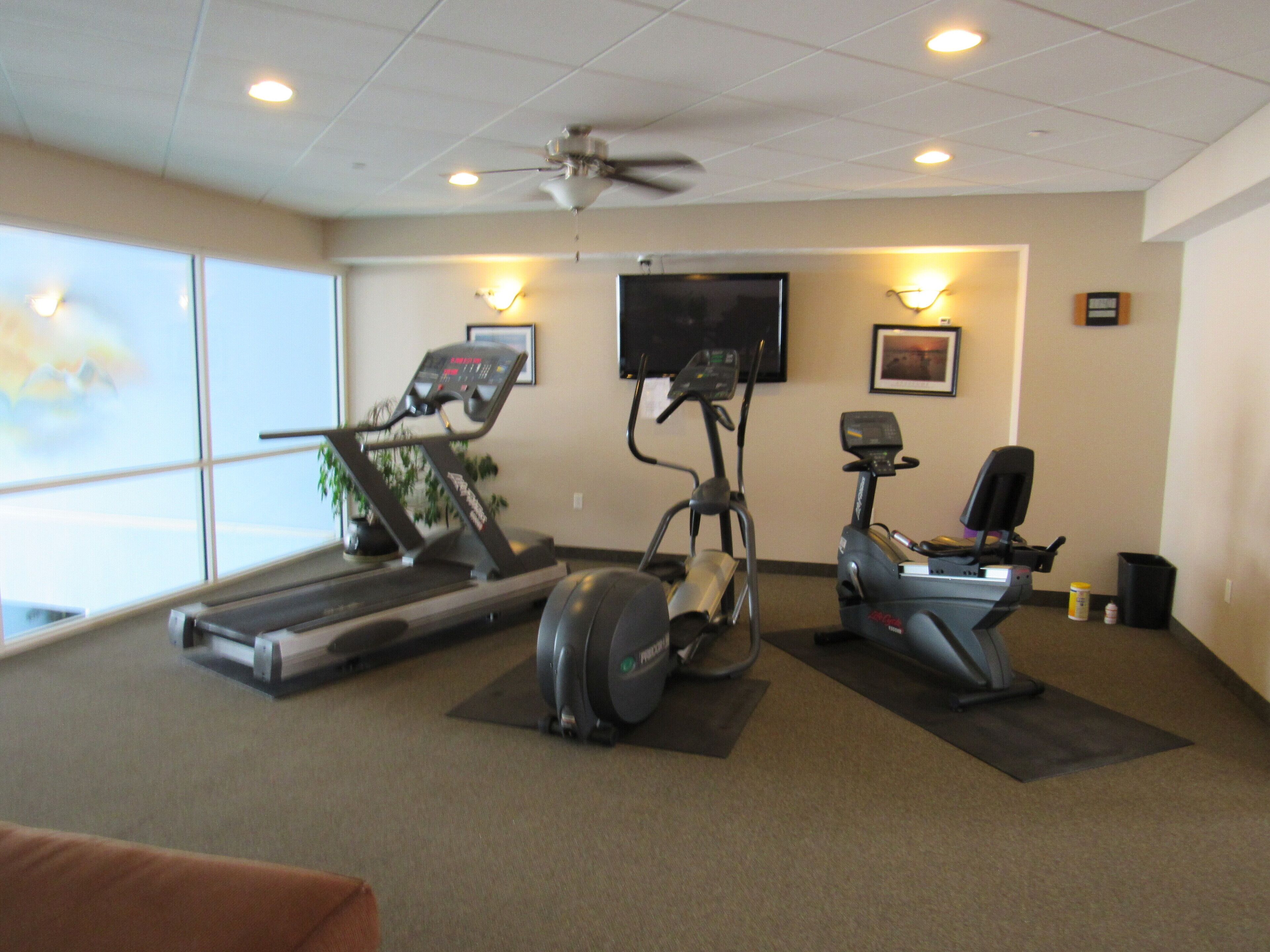 A gym with treadmills, an elliptical, and a stationary bike.