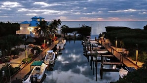 A marina with boats docked, a waterway, and buildings with blue roofs.