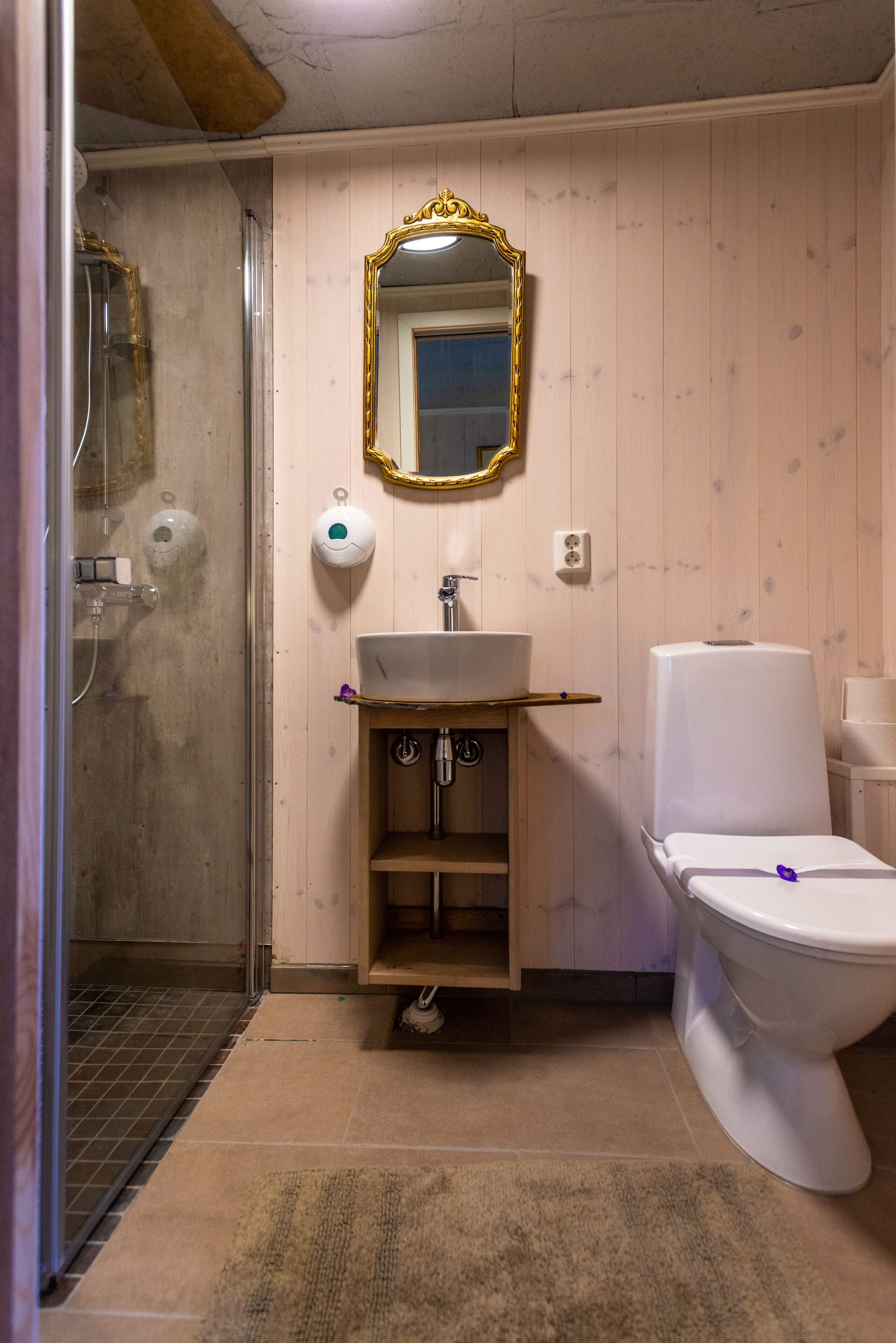 Un baño con ducha, inodoro, lavabo y espejo con marco dorado.