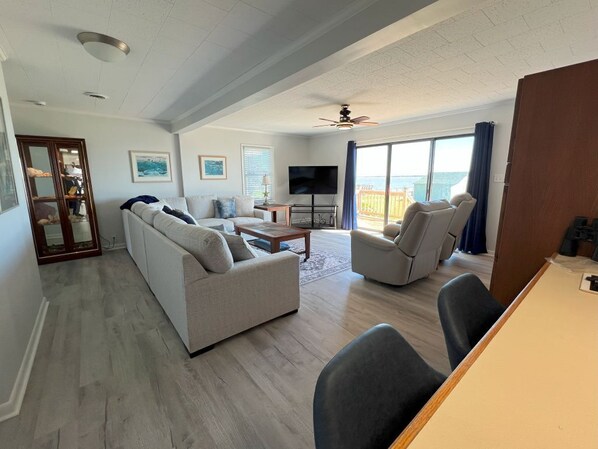 Smart TV, fireplace, books