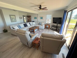 Smart TV, fireplace, books