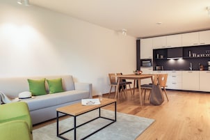 Premium Apartment (1 bedroom) with balcony or terrace | Living area | 30-inch flat-screen TV with satellite channels, TV, heated floors