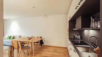 Eine moderne Küche mit Einbauherd, Spüle und Arbeitsplatte.