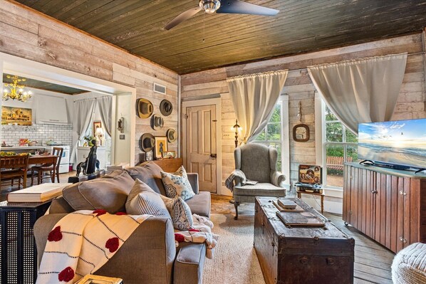 Smart TV, fireplace, DVD player, books