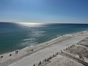 On the beach, sun-loungers