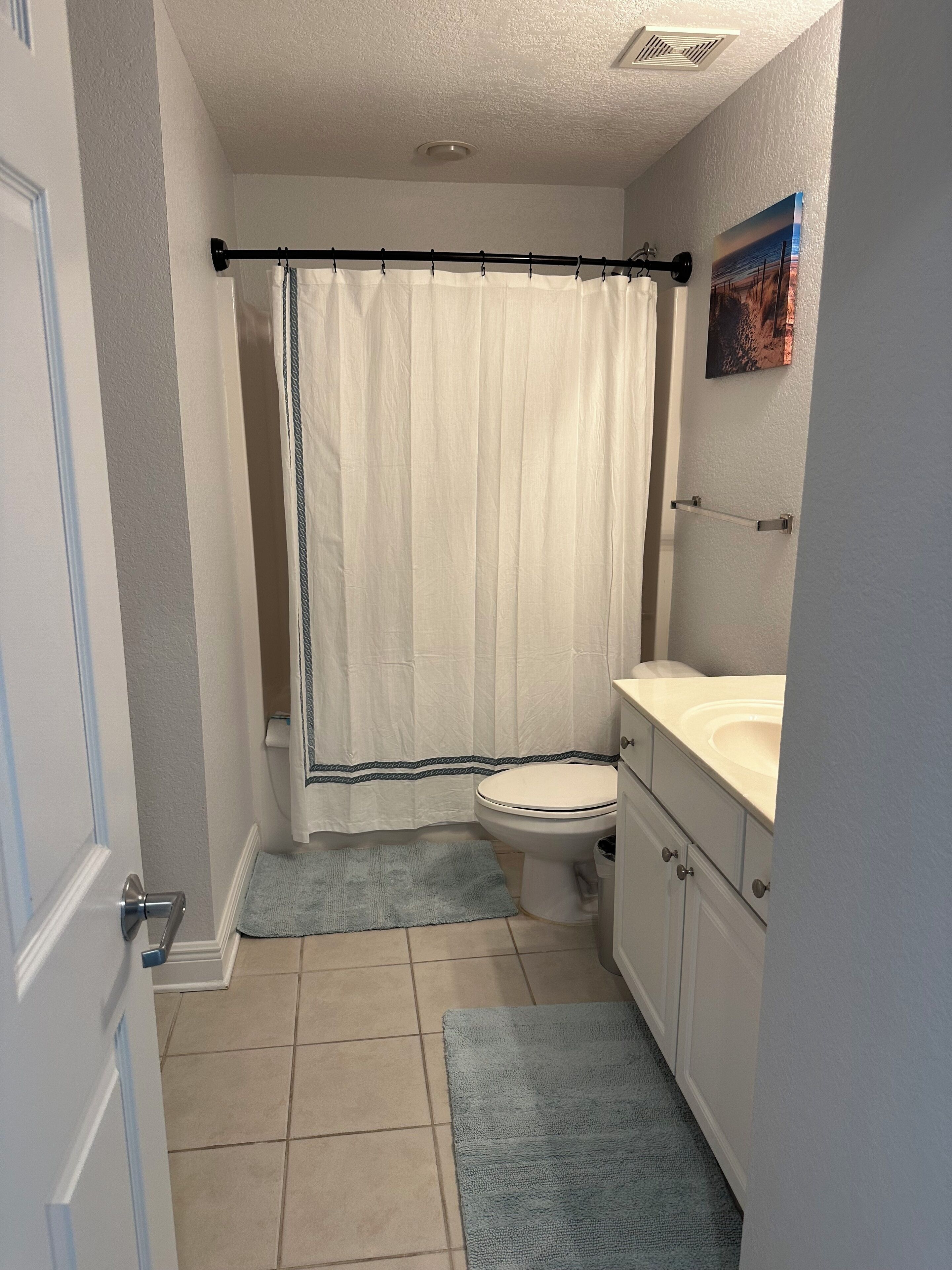 A small bathroom with a toilet, sink, and shower curtain.