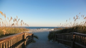A wooden boardwalk leading to a beach with tall grasses on either side. - Ocean view, unique, stylish, contemporary, upscale condo with a modern ambiance (Hilton Head Island)