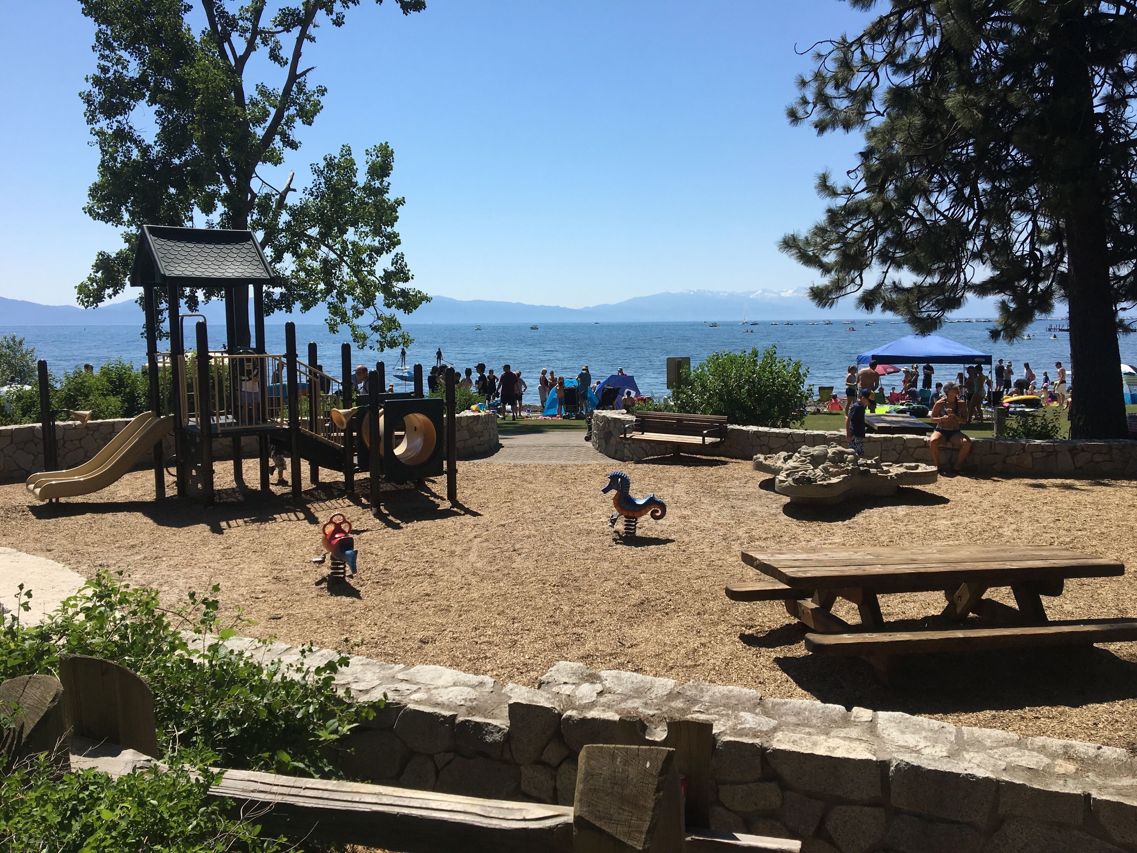 Commons Beach in Tahoe City.  Movie night Wed., Farmers Market Th., Concert Sund