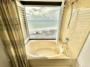 Combined shower/tub, hair dryer, towels