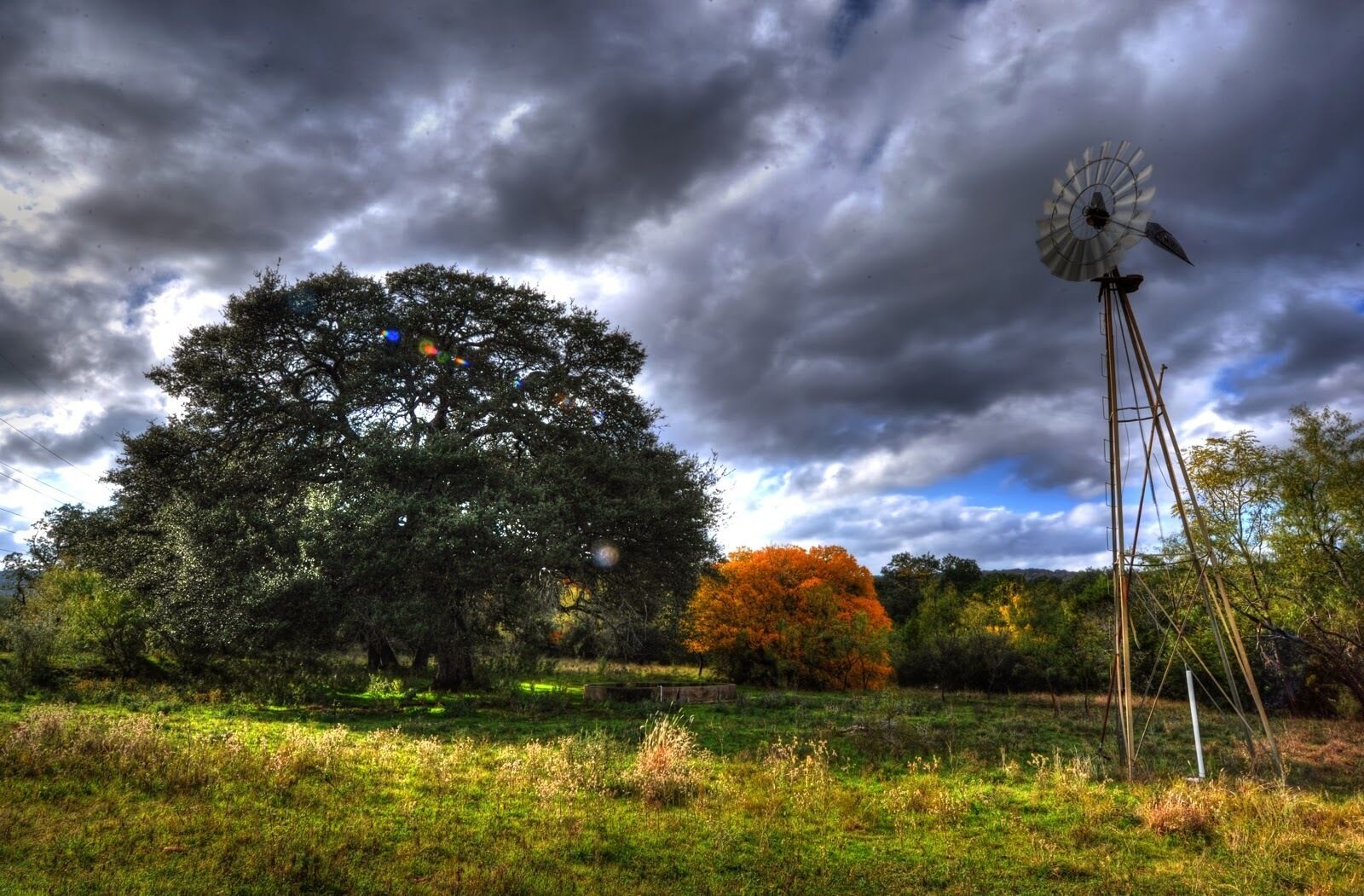 Un molino de viento en un campo cubierto de hierba, con árboles y un cielo nublado.