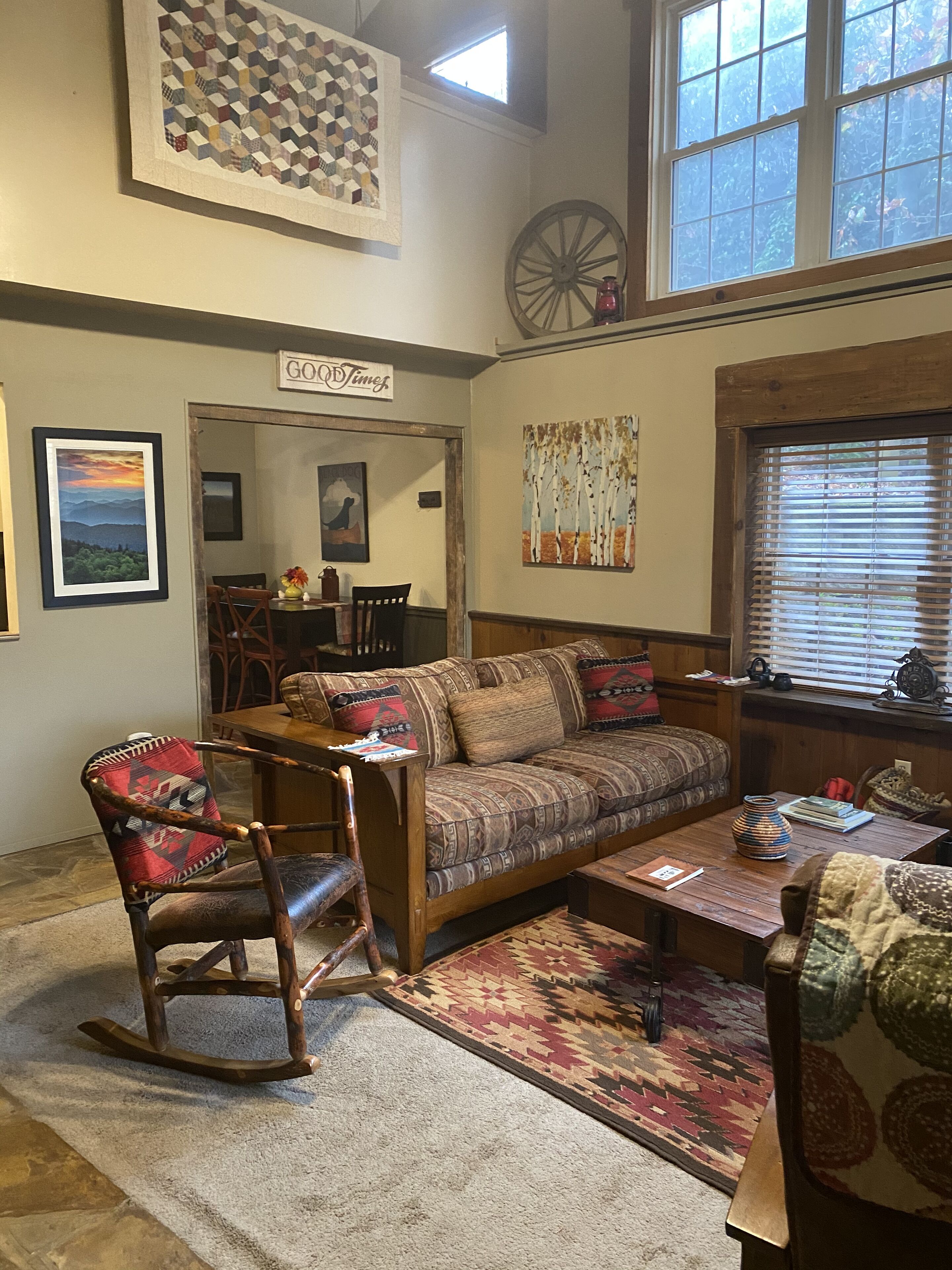 Télévision, cheminée, lecteur de DVD, livres