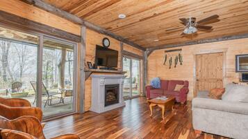 Älytelevisio, takka, DVD-soitin, kirjoja