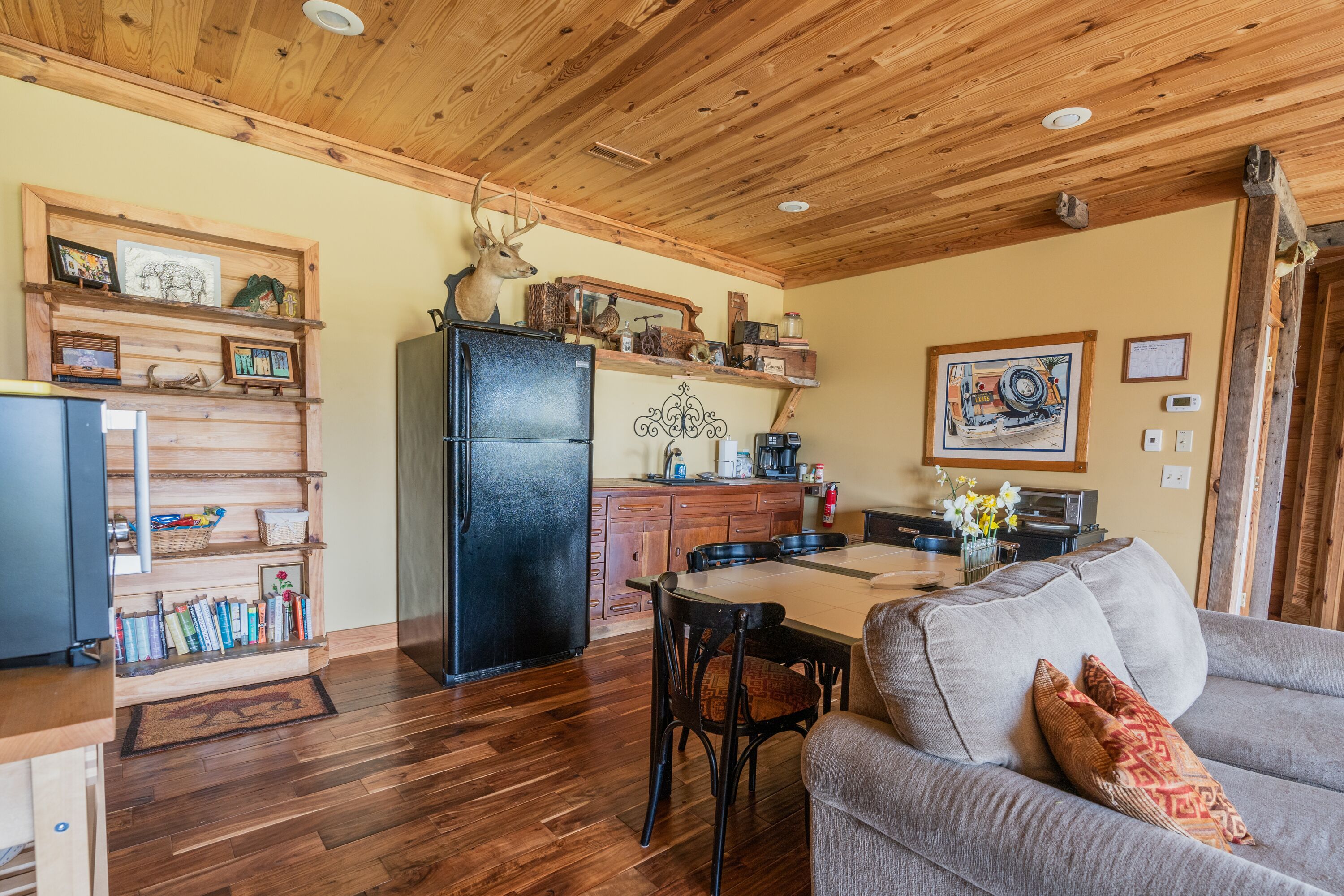 Smart TV, fireplace, DVD player, books