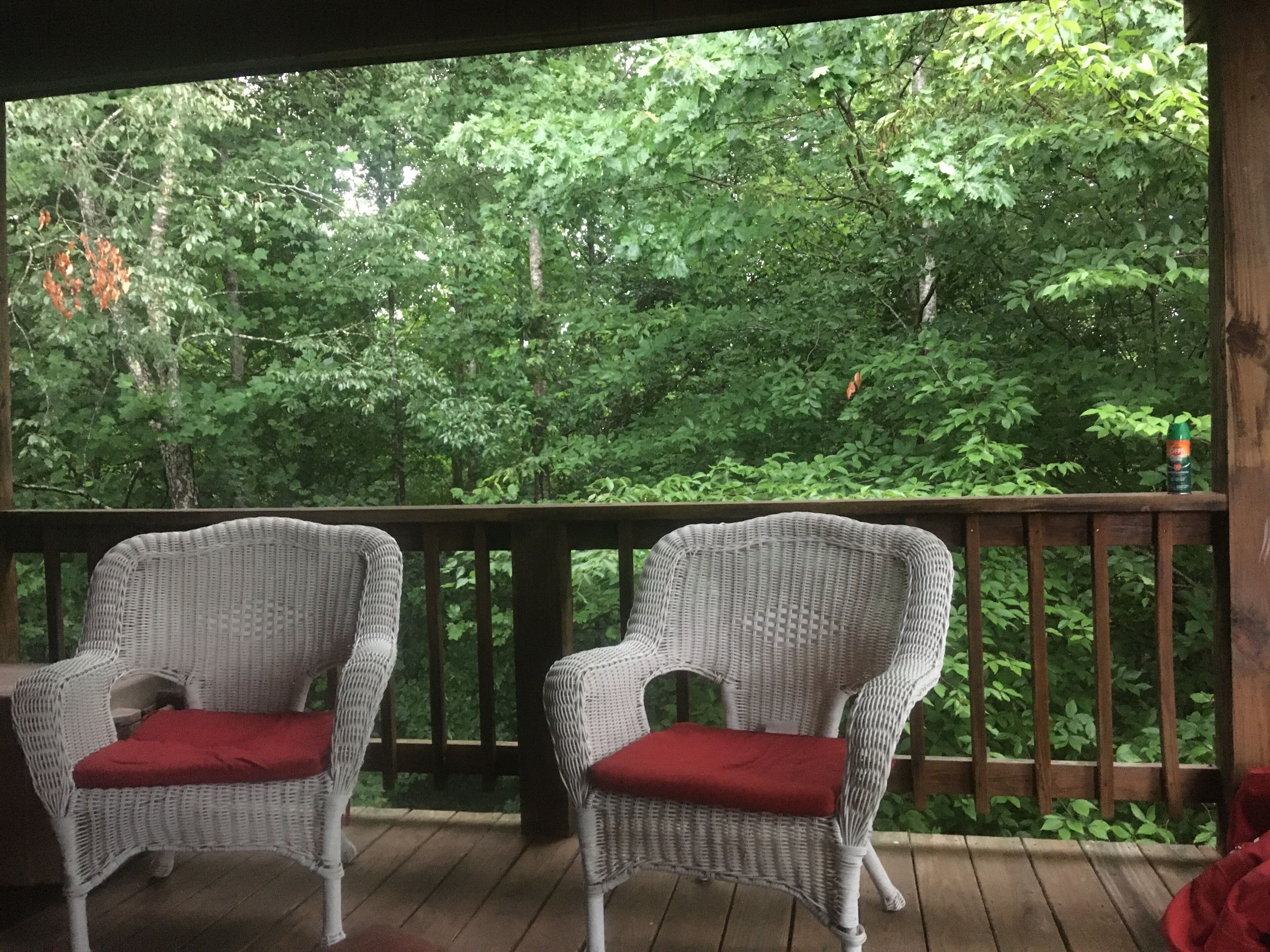 Two wicker chairs with red cushions on a wooden deck with a view of dense green foliage.