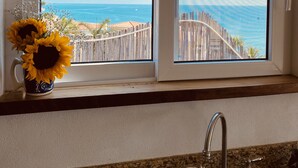 A kitchen with a window overlooking a beach and a wooden fence.