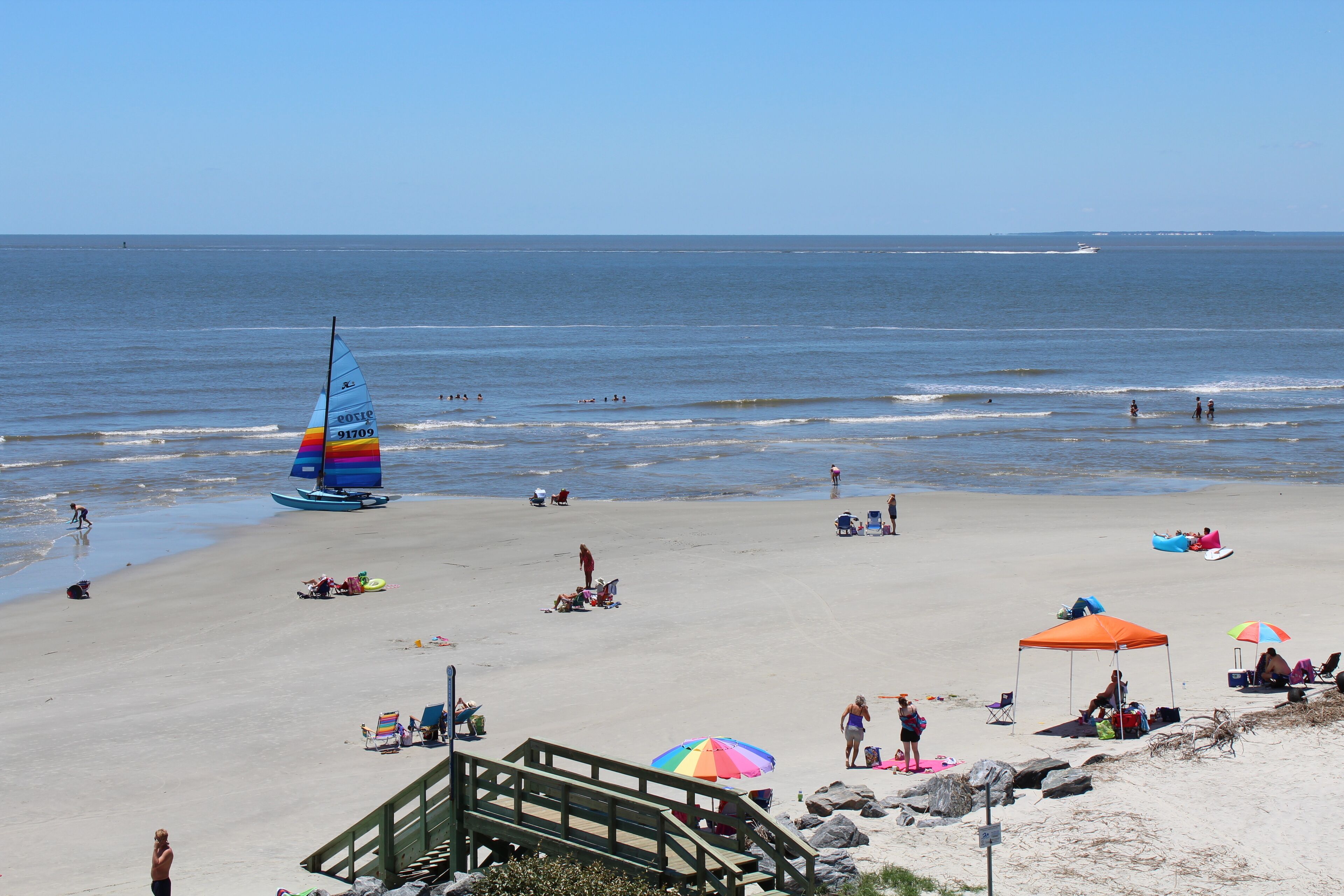 On the beach, sun loungers, beach towels