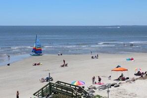 On the beach, sun-loungers, beach towels