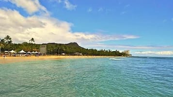 A beach with clear turquoise water, a sandy shore, and a line of palm trees and buildings in the background.