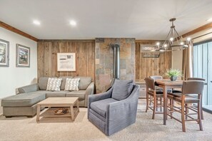 Smart TV, fireplace, DVD player, books