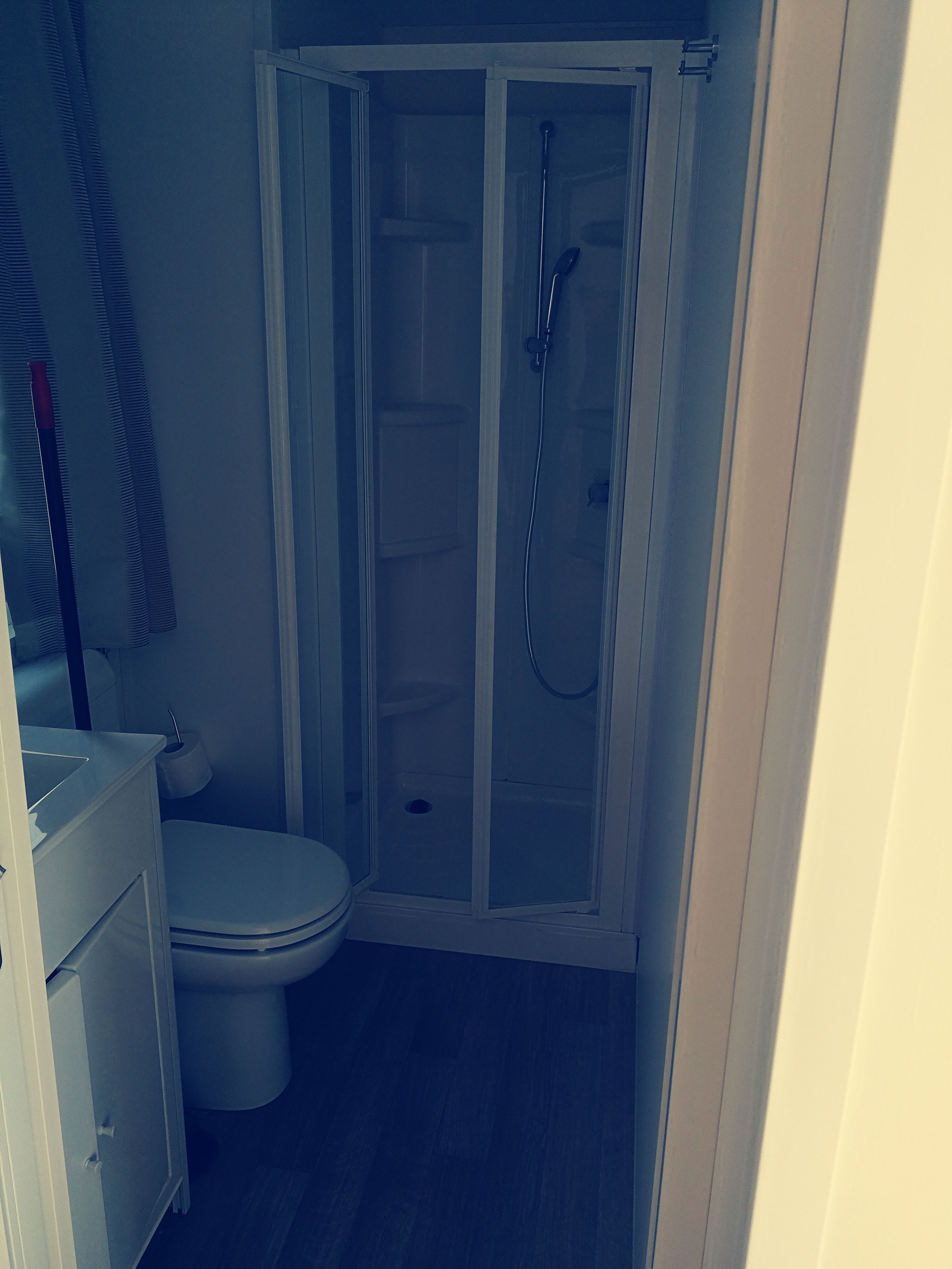 A small bathroom with a toilet, a shower enclosure, and a cabinet.