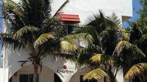 A white building with a red roof and palm trees in front. - Casa Rosa -Beautiful Ocean Front Home - Studio Apartment (Isla Mujeres)