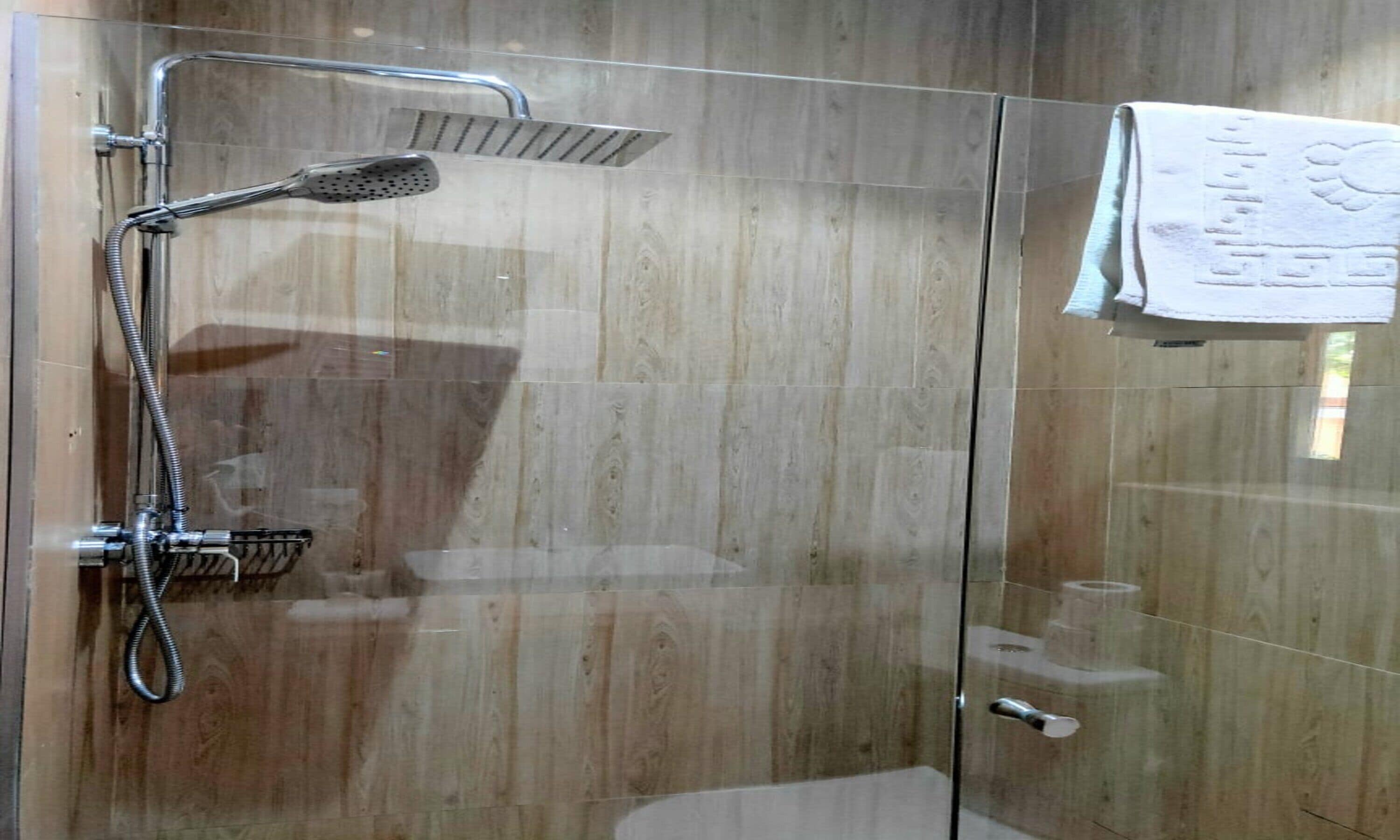 A glass-enclosed shower with a handheld showerhead and a wall-mounted faucet.