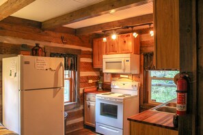 A compact kitchen with wooden walls, a refrigerator, a microwave, a stove, and a sink.
