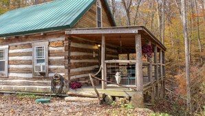 A rustic log cabin with a green roof, a porch with a railing, and a window labeled "Montana."