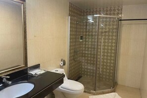 A bathroom with a glass-enclosed shower, a white toilet, and a black sink with a mirror.