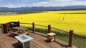 A wooden deck with picnic tables and a grill, overlooking a field of yellow flowers and mountains in the distance. - Luxury Yurt bordering Flathead Lake (Somers)