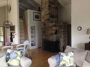 TV, fireplace, DVD player, books