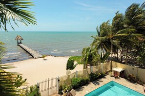 On the beach, sun-loungers, beach towels