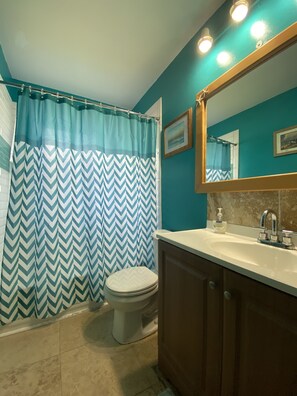 Combined shower/bathtub, hair dryer, towels, toilet paper