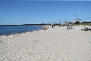 Ein sandiger Strand mit einem hölzernen Steg, einem Picknicktisch und einem Rettungsturm.