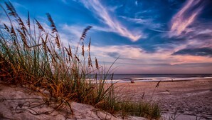 A beach with sand dunes and grass in the foreground, and the ocean in the background.