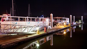 A marina at night with boats docked, a covered walkway, and calm water reflecting the lights.