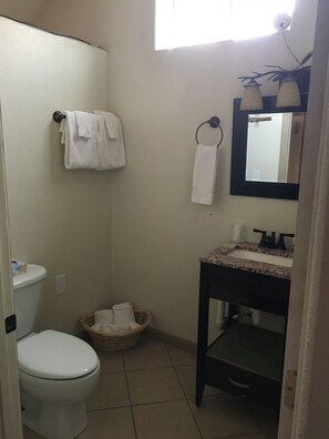 A bathroom with a toilet, a sink with a mirror above it, and two towels hanging on hooks. - King Suite w/ full kitchen, 2 twin Murphy beds & full bathroom  (Reserve)