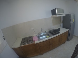 Kühlschrank, Mikrowelle, Herdplatte, Wasserkocher mit Kaffee-/Teezubehör