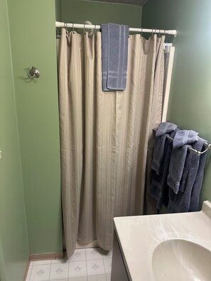 Regadera, toallas, jabón, papel de baño 