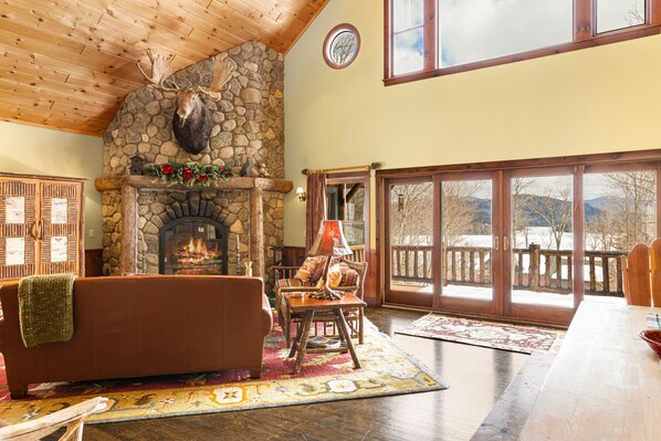 Smart TV, fireplace, books