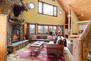 Smart TV, fireplace, books