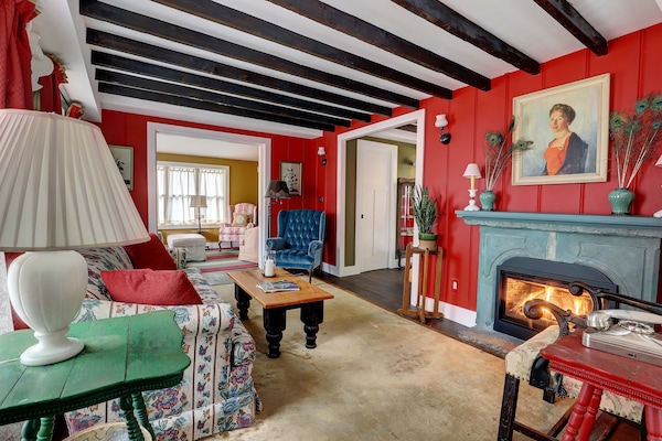 Tannery Brook Cottage Living Room with Fireplace and Media Room in the Distance