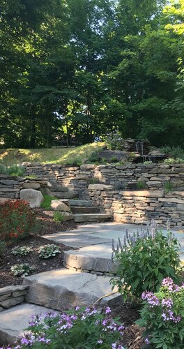 Tannery Brook Cottage: Terraced Garden with Patio, Cascade and Fire Pit.