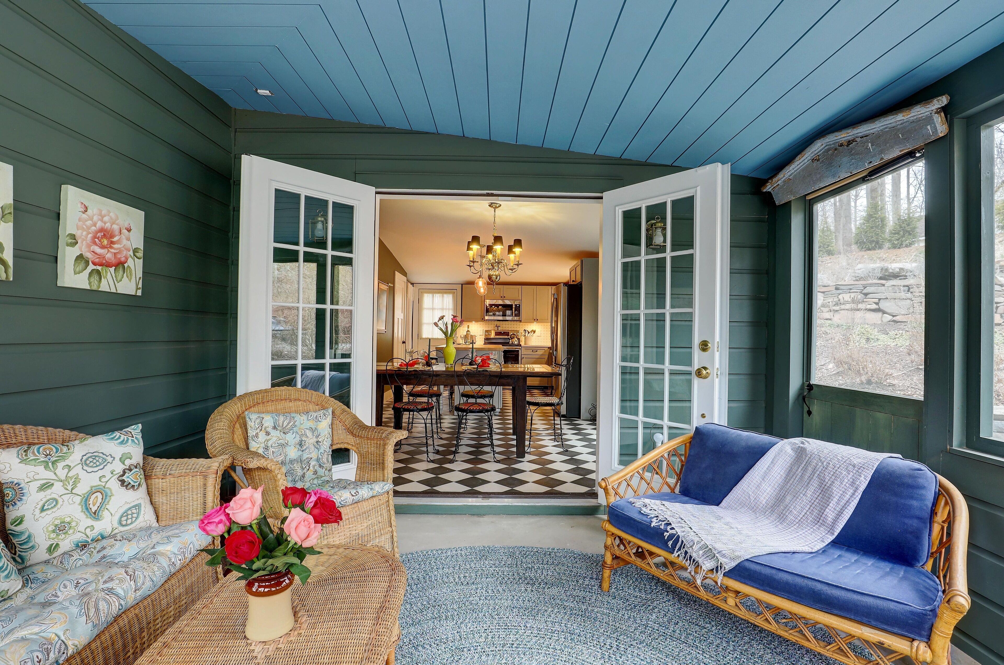 TV connectée, cheminée, lecteur de DVD, livres