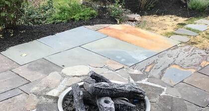 Tannery Brook Cottage: Terraced Garden with Patio, Cascade and Fire Pit.