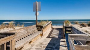 A wooden boardwalk leading to a beach with a blank signpost. - Semi-Oceanfront Condo w/ Resort Pool, Elevator, Private Sundeck. Top Notch Stay! (Rodanthe)